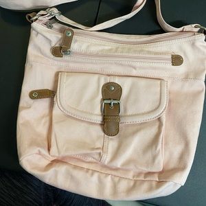 Pink Crossbody with Pockets and Brown Faux Leather
